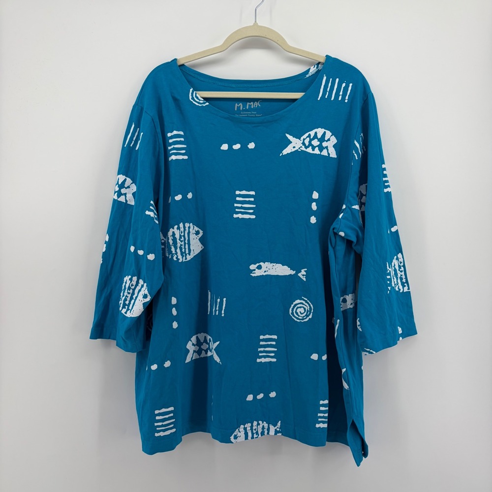 M. Mac Womens 2X Blue Fish Print Cotton 3/4 Sleeve Top Scoop Neck Coastal